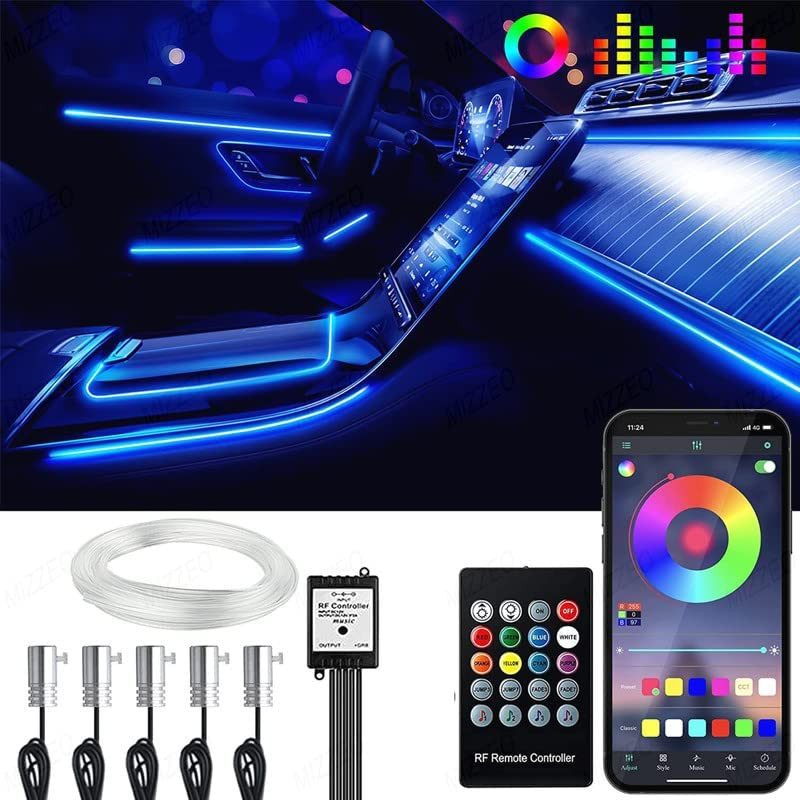 Universal Car LED Atmosphere Ambient Lighting Kit Interior Strip Light 16 Million Colors 5 n1 with 6 Meters Fiber Optic Multicolor RGB Sound Active Wireless Bluetooth APP Remote Control