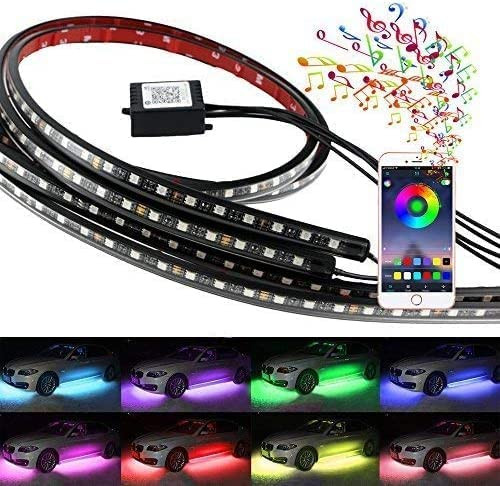 4Pcs KIT RGB Undercarbody Led Light Car High Intensity Neon Ligh Decorative Lights Strip Underbody System Waterproof Tube Color with Sound Active & Wireless APP Control Good Compatibility