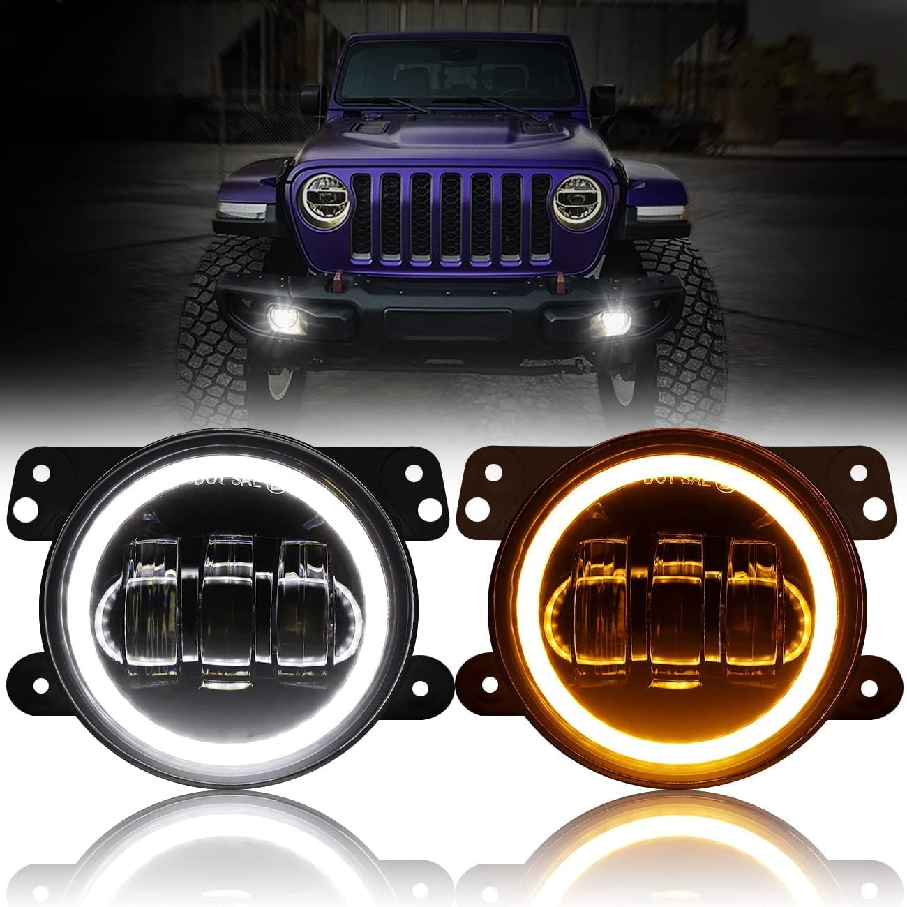 Led White fog lamp 4 inch 60w with Yellow DRL ring turn indicator and 3 Cree led lens only For Mahindra Thar Universal Fitting